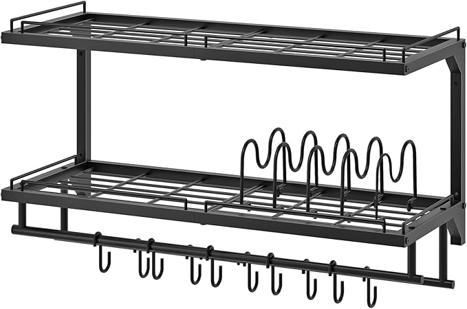 CHOEZON Pot Rack, Wall Mounted Pan Holder, 2-Tier Pot and Pan Organizer, Pot Hanger with 10 S-Shaped Hooks, Cookware Organizer with 5 Removable Metal Wire Dividers, Black TPR35BB - Image 9