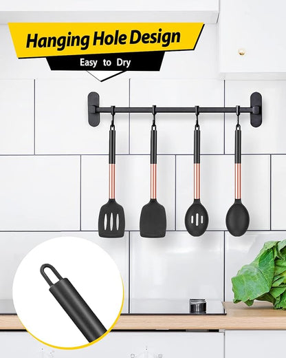 Pack of 4 Silicone Cooking Utensils Set, Non Stick Large Solid Spatulas, Heat Resistant Rose Gold Black Slotted Spoons, Ideal BPA Free Kitchen Turners for Frying, Mixing,Serving,Draining,Turning - Image 6
