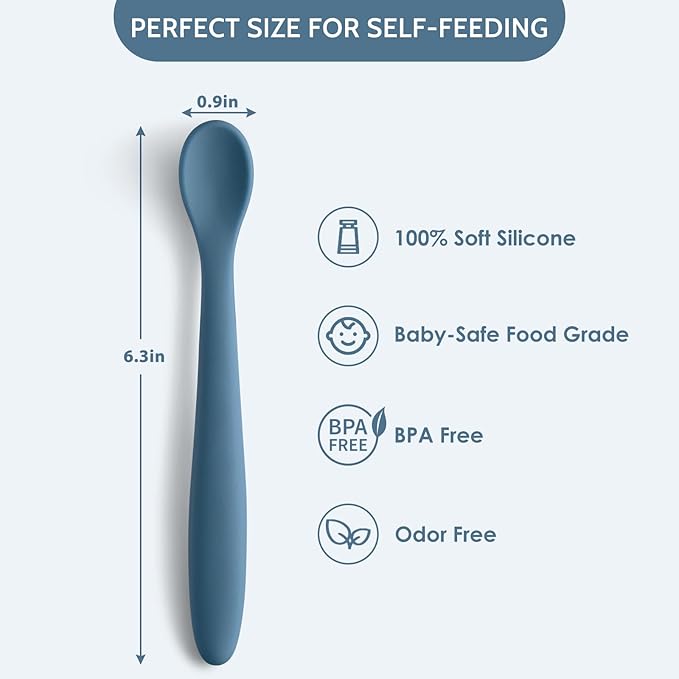6 Piece Silicone Baby Feeding Spoons, First Stage Infant Soft-Tip Easy on Gums, Training Spoon Self-feeding, Utensils Supplies, Dishwasher & Boil-proof - Blue - Image 2