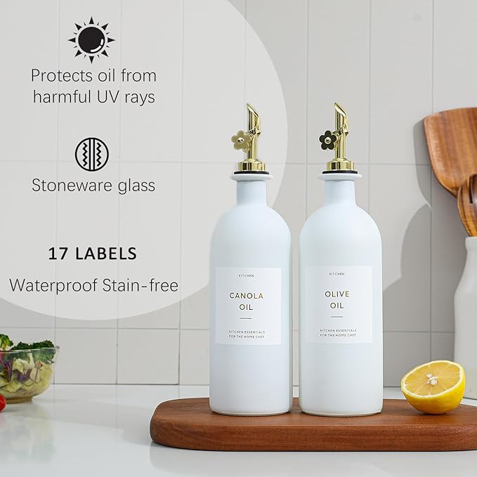 HOMCDALY Olive Oil Dispenser for Kitchen, 16oz Glass Oil Bottles with Bamboo Tray, Gold Oil&Vinegar Cruet Set, Kitchen Dispenser Bottles with Pourer | Set of 2 (16oz – Gold) - Image 6