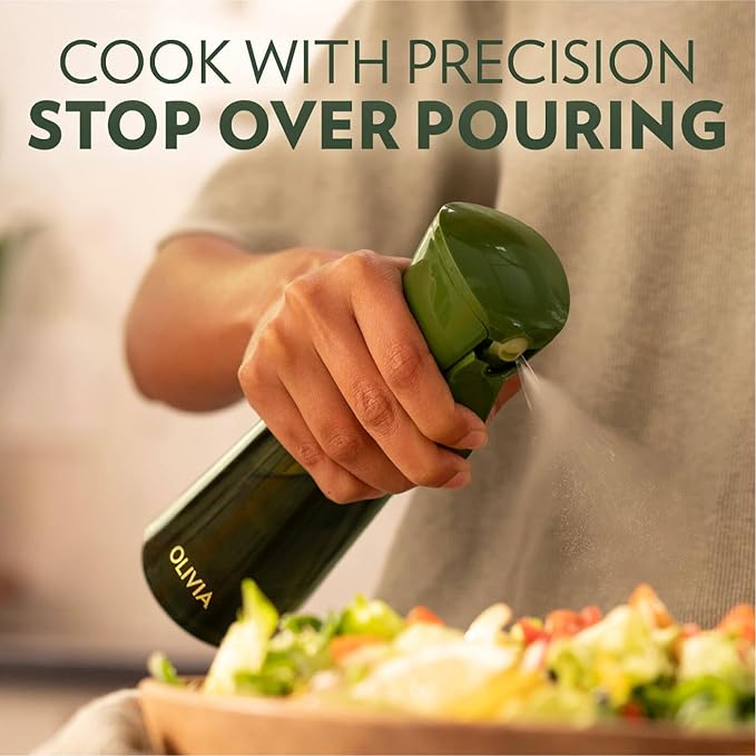 FLAIROSOL OLIVIA Oil Sprayer for Cooking, 200ml Glass Olive Oil Sprayer, Continuous Oil Spray Bottle with Portion Control, Oil Dispenser for Kitchen, Air Fryer, Salad, BBQ (Green Bottle, Gold Print) - Image 2