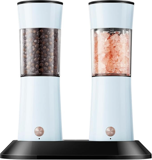 Gravity Electric Salt and Pepper Grinder Set 2-Pack - USB-C Rechargeable Base, Auto LED Light for BBQ/Camping, Adjustable Coarseness & Large Capacity - Stainless Steel (Morning Haze)