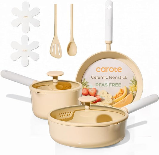 CAROTE Ceramic Cookware Set Nonstick, 9pcs Pots and Pans Set Non stick, Non-Toxic & PFAS-Free,Dishwasher, RV/Camping Cookware Set,Sauce Pan with Lid, Yellow by CAROTE