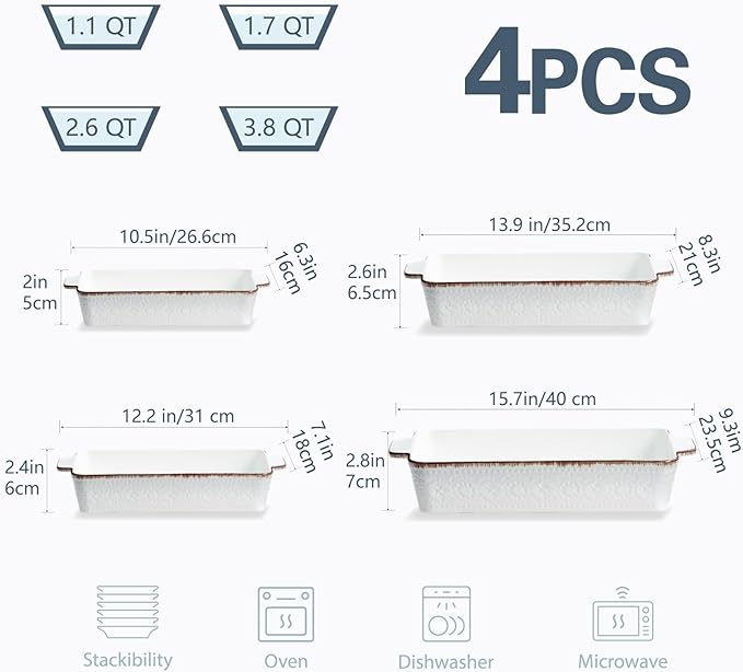 ONEMORE Casserole Dishes for Oven, Ceramic Baking Dish Set of 4, Non-Stick Lasagna Pans with Handles, Rectangular Bakeware Set for Cake, Roasting, Broiling, Gratin, Banquet, Microwave & Dishwasher Safe(3.8/2.6/1.7/1.1 Qt) (White 01) - Image 2