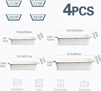 ONEMORE Casserole Dishes for Oven, Ceramic Baking Dish Set of 4, Non-Stick Lasagna Pans with Handles, Rectangular Bakeware Set for Cake, Roasting, Broiling, Gratin, Banquet, Microwave & Dishwasher Safe(3.8/2.6/1.7/1.1 Qt) (White 01) - Image 2