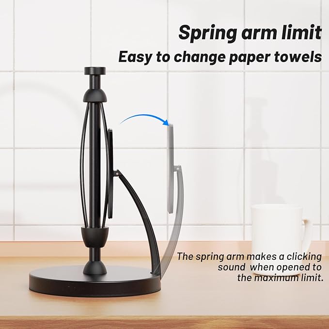 VEHHE Paper Towel Holder Countertop, One-Handed Tear, Stainless Steel, Stand Paper Towel Holder with Spring Activated Arm & Non Slip Weighted Base, for Kitchen Bathroom (Black) - Image 4