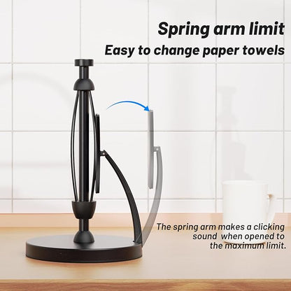 VEHHE Paper Towel Holder Countertop, One-Handed Tear, Stainless Steel, Stand Paper Towel Holder with Spring Activated Arm & Non Slip Weighted Base, for Kitchen Bathroom (Black) - Image 4