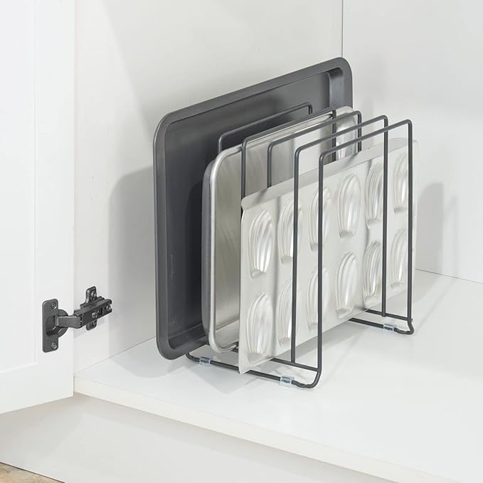 mDesign Pot Lid and Pan Rack — Metal Wire Rack for Cabinets, Pantries or Kitchen Surfaces — Freestanding Pan Stand with 5 Slots for Pans, Pots, Lids and Crockery — Dark Grey - Image 2