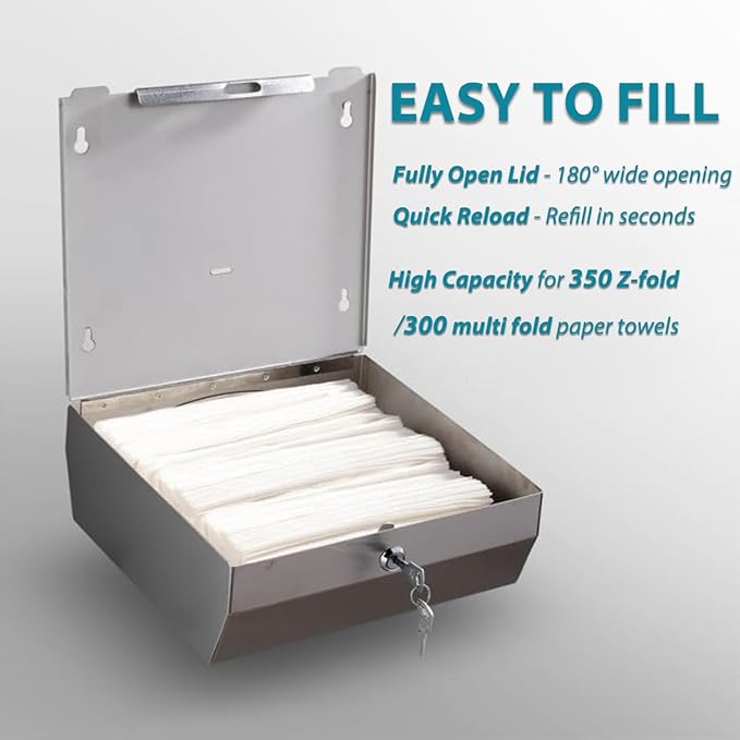Paper Towel Dispenser Wall Mount: Large Capacity Commercial Paper Towel Holder for Bathroom with Lock, 300 Z/C Fold/280 Multifold Towels, Heavy Duty Brushed Stainless Steel