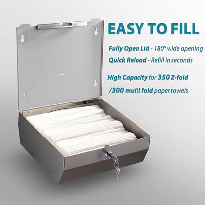 Paper Towel Dispenser Wall Mount: Large Capacity Commercial Paper Towel Holder for Bathroom with Lock, 300 Z/C Fold/280 Multifold Towels, Heavy Duty Brushed Stainless Steel