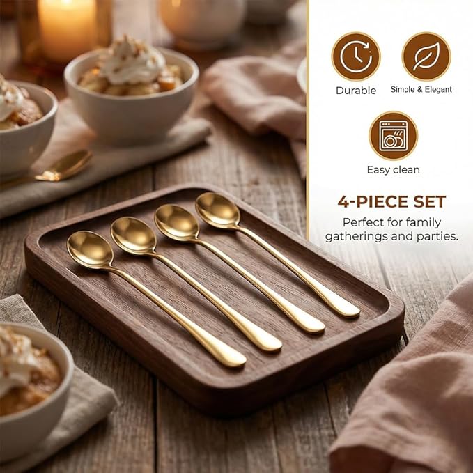 Espresso Spoons Long Handle, 4PCS Gold Stainless Steel Coffee Stirring Spoons 7.28 Inch, Round Tip Demitasse Spoon for Iced Coffee, Tea, Dessert, Cappuccino, Coffee Bar