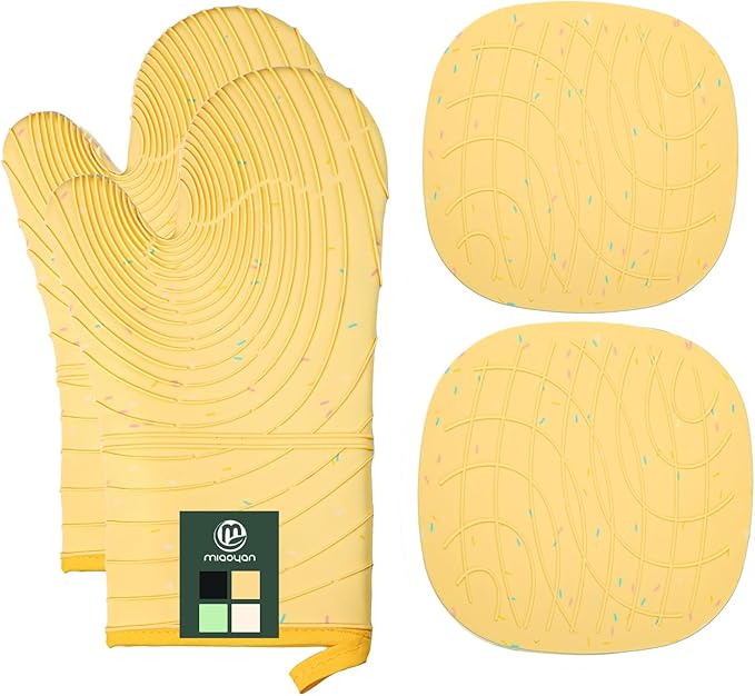 4 Pieces Oven Mitts and Pot Holders of Macaron Color Thickened Non-Slip Silicone Kitchen Gloves, Heat Resistant up to 500F, Essential for Kitchen Baking(makal-Huang) by M+MIAOYAN