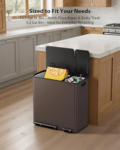 Dual Trash and Recycling Bins for Kitchen, 13.2 + 5.2 Gal (50+20L) Stainless Steel Trash and Recycle Bin Combo with Soft-Close Lid, Large Garbage Cans for Kitchen Home with 2 Magnets Sticker, Brown