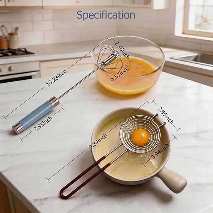 Semi Automatic Whisk & Egg Yolk Separator, Stainless Steel Mini Hand Push Whisk, Hand Mixer Egg Beater Wisking Tool & Egg Separator for Raw Eggs Set, for Cooking, Baking