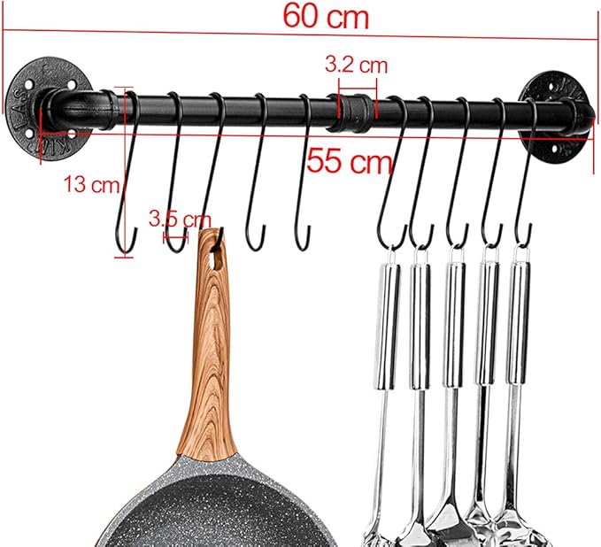 Toplife 23.7 inch Pot Rack, Kitchen Wall Mounted Detachable Pan Lid Utensils Organizer Hanging Rail with 10 Hooks, Black - Image 2