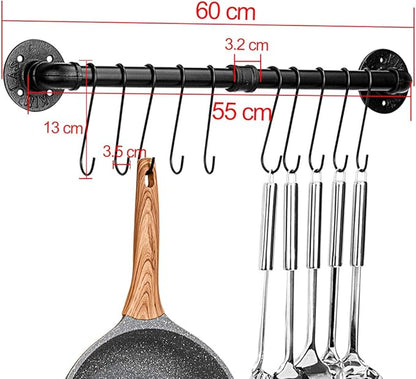 Toplife 23.7 inch Pot Rack, Kitchen Wall Mounted Detachable Pan Lid Utensils Organizer Hanging Rail with 10 Hooks, Black - Image 2