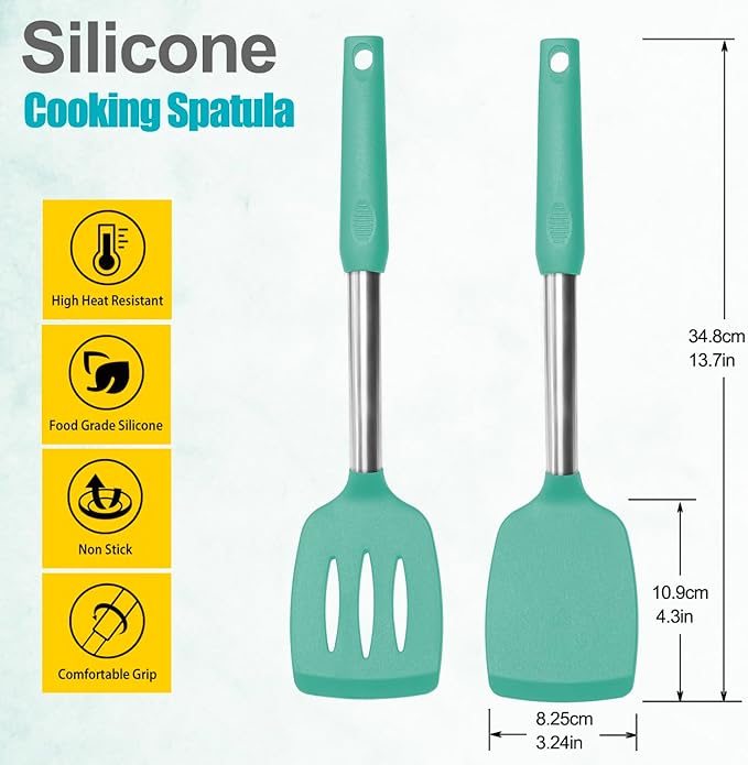 2 Pack Spatulas, Solid & Slotted Silicone Spatula Set, Stainless Steel Handle Coated with Silicone, Non Stick Turners, Heat Resistant Rubber Spatulas for Fish, Eggs, Pancakes, WOK, Teal - Image 2