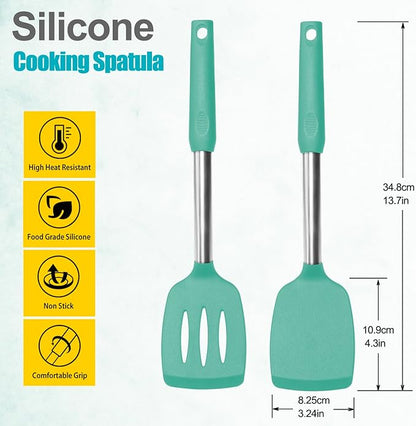 2 Pack Spatulas, Solid & Slotted Silicone Spatula Set, Stainless Steel Handle Coated with Silicone, Non Stick Turners, Heat Resistant Rubber Spatulas for Fish, Eggs, Pancakes, WOK, Teal - Image 2