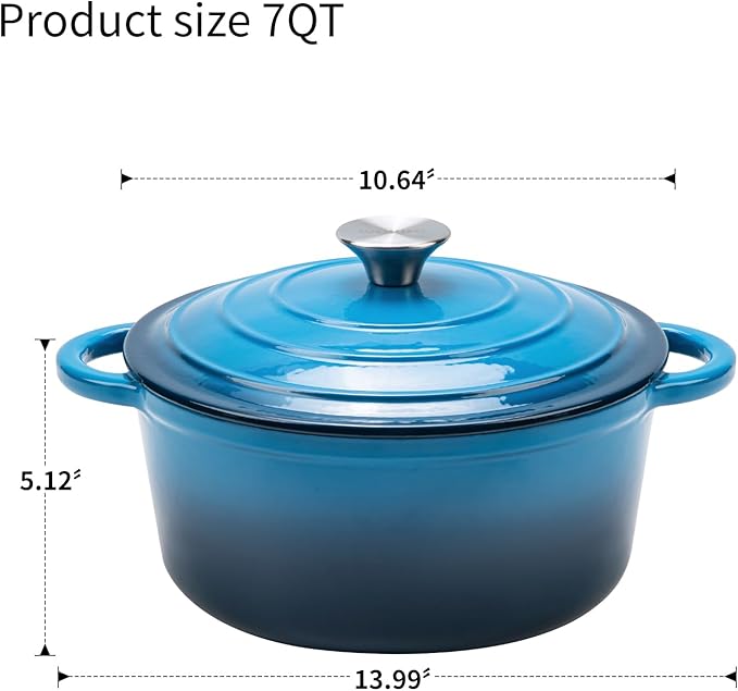 Enameled Cast Iron Dutch Oven - 7QT Pot with Lid,Oven Safe to 500°F,Heavy-Duty Cookware for Sourdough Bread Baking,Braising,Stews,Roasting blue - Image 3