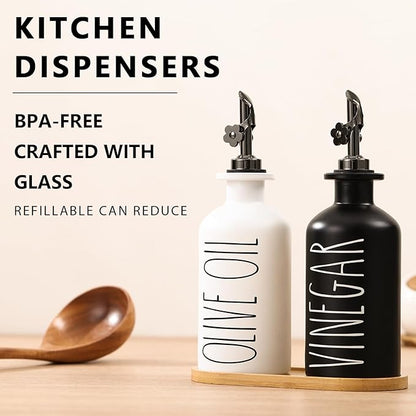 HOMCDALY Premium Olive Oil Dispenser for Kitchen, 11.8oz Glass Oil Bottles with Bamboo Tray, Oil&Vinegar Cruet Set, Kitchen Dispenser Bottles with Pourer | Set of 2 (11.8oz –P–Black&White) - Image 2