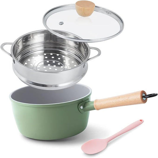 ROCKURWOK Ceramic Nonstick Sauce Pan with Lid, 2 Quart Cooking Pot, Small Saucepan with Steamer, PTFE& PFAS-Free, Wooden Handle for Cool Touch, Universal Base(Gas, Electric & Induction), Green by ROCKURWOK