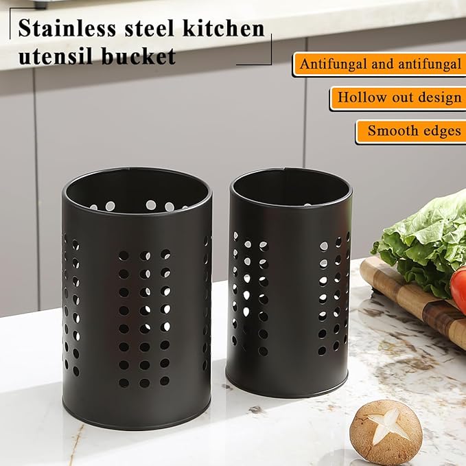 Evanda Kitchen Utensils Holder for Countertop Pack of 2, Stainless Steel Black Utensils Caddy, Farmhouse Stylish Organizer and Kitchen Decor Utensil Crock, Gift for New House New Apartment - Image 3