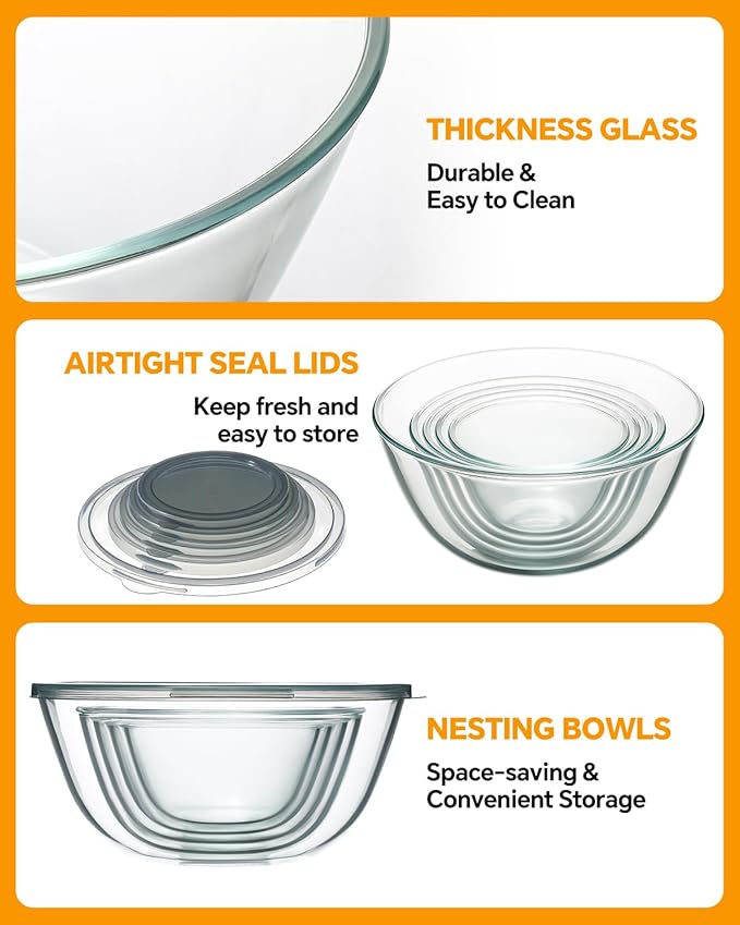 Glass Mixing Bowls with Lids Set of 5(4.78QT,2.2QT,1.7QT,1.1QT,0.85QT),Thick Glass Nesting Bowls for Kitchen Baking,Cooking Prep,Storage,Serving,Large Salad Bowls,Dishwasher Microwave Freezer Safe - Image 6