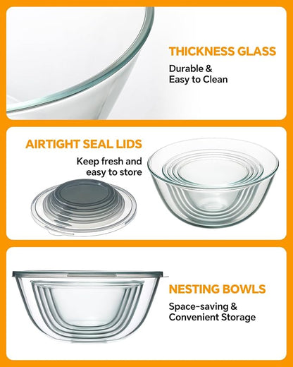 Glass Mixing Bowls with Lids Set of 5(4.78QT,2.2QT,1.7QT,1.1QT,0.85QT),Thick Glass Nesting Bowls for Kitchen Baking,Cooking Prep,Storage,Serving,Large Salad Bowls,Dishwasher Microwave Freezer Safe - Image 6