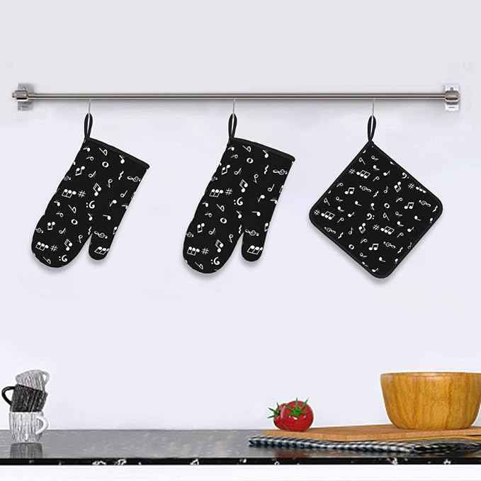 Music Notes Oven Mitts and Pot Holders Sets of 3 Black Hot Pads Musicial Oven Gloves Heat Resistant Non Slip Washable for Kitchen Cooking Grilling Baking - Image 6