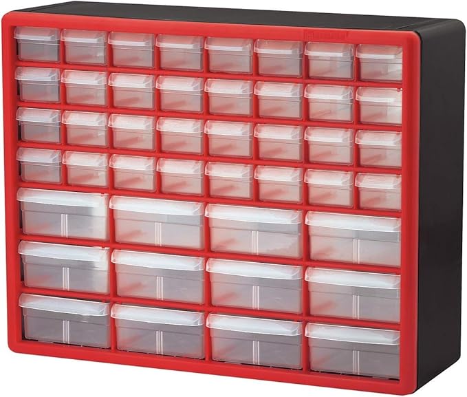 Akro-Mils 44-Drawer Plastic Drawer Storage Cabinet for Garage Organization, Bead Organizer, Building Bricks Storage, Teacher Toolbox, Makeup Organizer, 20" W x 6" D x 16" H, 10144 Red by Akro-Mils