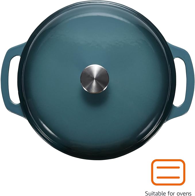 Amazon Basics Enameled Cast Iron Dutch Oven Pot with Lid, Oven Safe, Heavy-Duty, Dual Handles for Braising, Stews, Roasting, Round, 6-Quart, Gray - Image 2