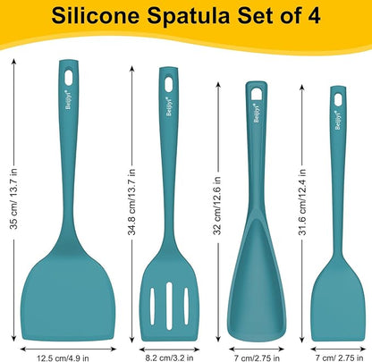 Beijiyi Silicone Spatula Set of 4, 600°F Heat Resistant, BPA Free Kitchen Spatula and Spoons for Nonstick Cookware, Solid & Slotted Turner Cooking Utensils for Serving, Flipping Egg, Pancakes (Blue)