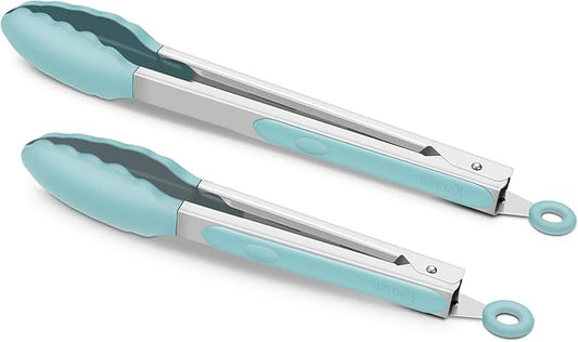 2 Pack Silicone Kitchen Tongs – 9" & 12" Set, Heat Resistant up to 500°F, Non‑Stick Cookware Safe, Wavy Silicone Tips, BPA Free, Locking Clip & Hanging Loop, Aqua Sky by ALLWIN-HOUSEWARE