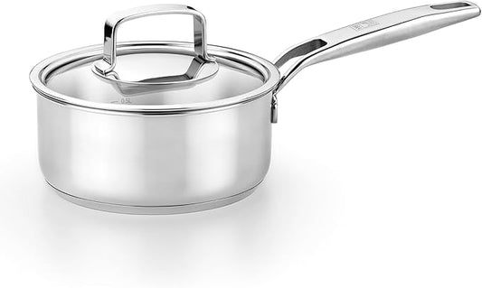 BRA COOKWARE Signature Stainless Steel Sauce Pot w/Glass Lid | 6.3 Inch 1.2 Quart Professional Grade Saucepan | PFOA Free Warming Pot | All Cooktops | All Cooktops (incl. Induction) & Oven Safe