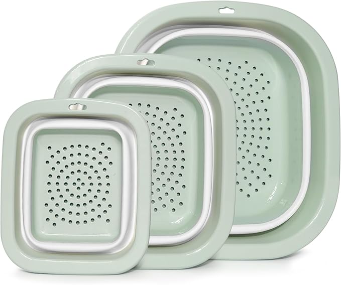 3 Sets 2 in 1 Collapsible Colander and Sink Basin - Collapsible Strainer with Collapsible Wash Basin for Kitchen, RV Camping, Foldable Fruit Vegetable Washing Basket, 2QT 4QT 8QT, Blue