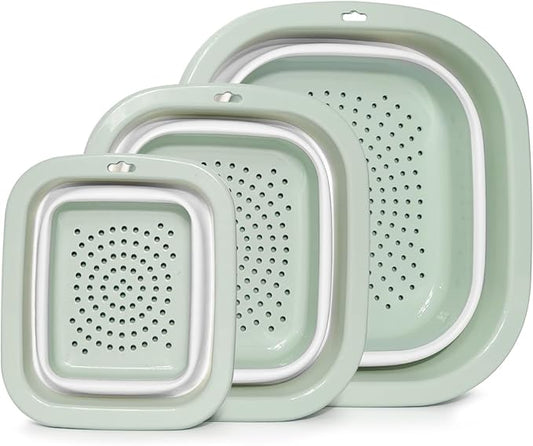 3 Sets 2 in 1 Collapsible Colander and Sink Basin - Collapsible Strainer with Collapsible Wash Basin for Kitchen, RV Camping, Foldable Fruit Vegetable Washing Basket, 2QT 4QT 8QT, Blue