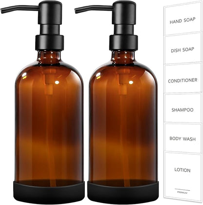GMISUN Amber Glass Soap Dispenser with Silicone Sleeve Boot, 2 Pack Bathroom Hand Soap Dispensers with Pump, 17 Fl Oz Kitchen Hand and Dish Soap Dispenser Set, Liquid Soap Dispensers Bottle by GMISUN