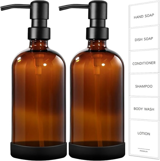 GMISUN Amber Glass Soap Dispenser with Silicone Sleeve Boot, 2 Pack Bathroom Hand Soap Dispensers with Pump, 17 Fl Oz Kitchen Hand and Dish Soap Dispenser Set, Liquid Soap Dispensers Bottle by GMISUN