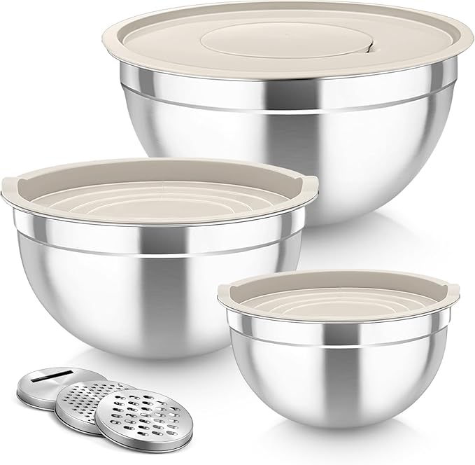 TeamFar Mixing Bowls, Stainless Steel Nesting Salad Bowls with Lids Set of 3 & 3 Grater Attachments, For Mixing/Serving/Storing, Non-toxic & Long-lasting, Size 4.6/3 / 1.5 QT, Khaki by TeamFar