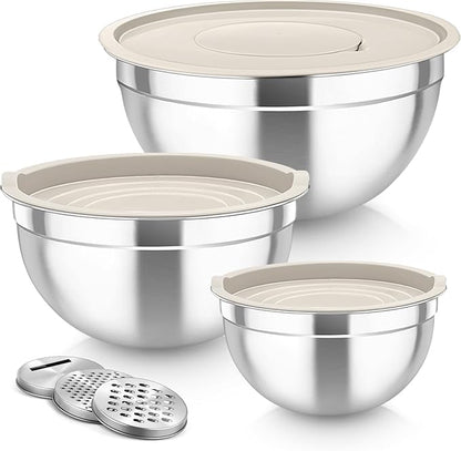 TeamFar Mixing Bowls, Stainless Steel Nesting Salad Bowls with Lids Set of 3 & 3 Grater Attachments, For Mixing/Serving/Storing, Non-toxic & Long-lasting, Size 4.6/3 / 1.5 QT, Khaki by TeamFar