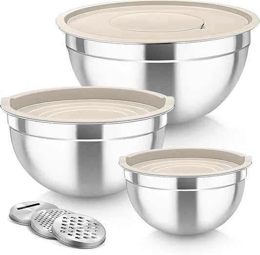 TeamFar Mixing Bowls, Stainless Steel Nesting Salad Bowls with Lids Set of 3 & 3 Grater Attachments, For Mixing/Serving/Storing, Non-toxic & Long-lasting, Size 4.6/3 / 1.5 QT, Khaki by TeamFar