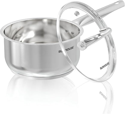 SUNHOUSE – 1.5 Quart Stainless Steel Sauce Pan with Lid - PFOA-FREE, Stainless Steel Sauce Pan, Induction base, Stay-Cool Handle, Compatible with All Cooktops Gas, Geramic, Electric etc. by SUNHOUSE