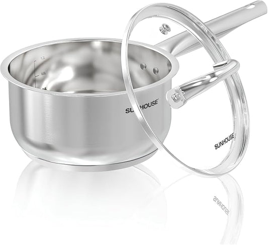 SUNHOUSE – 1.5 Quart Stainless Steel Sauce Pan with Lid - PFOA-FREE, Stainless Steel Sauce Pan, Induction base, Stay-Cool Handle, Compatible with All Cooktops Gas, Geramic, Electric etc. by SUNHOUSE