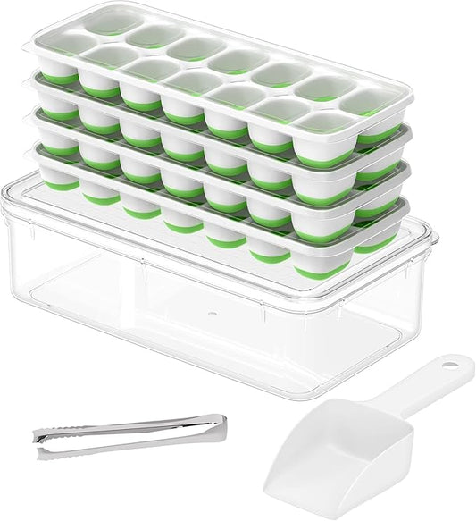 ChefAide Ice Cube Tray with Lid and Bin, 4 Packs 56 Cubes Silicone Plastic Ice Cube Trays for Freezer, Stackable Ice Tray with Container, Ice Scoop,Ice Tong for Drinks, Coffee and Cocktails Green