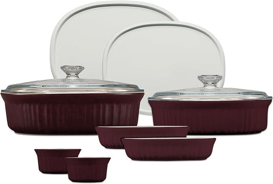 CorningWare Ceramic Bakeware Set with Lids Chip and Crack Resistant Stoneware Baking Dish, Microwave, Dishwasher, Oven, Freezer and Fridge Safe, 10-Piece French Cabernet by CorningWare