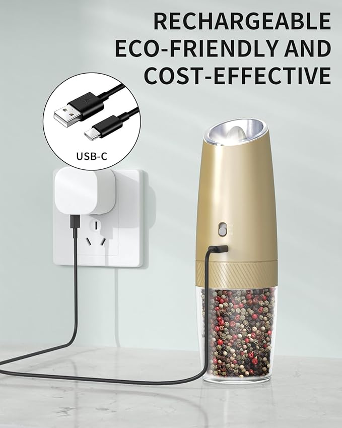 CIRCLE JOY 2-Speed Gravity Electric Pepper Grinder, Rechargeable Salt Grinder Pepper Mills, Adjustable Coarseness, White LED Light, 135ML Large Capacity, Gold - Image 5