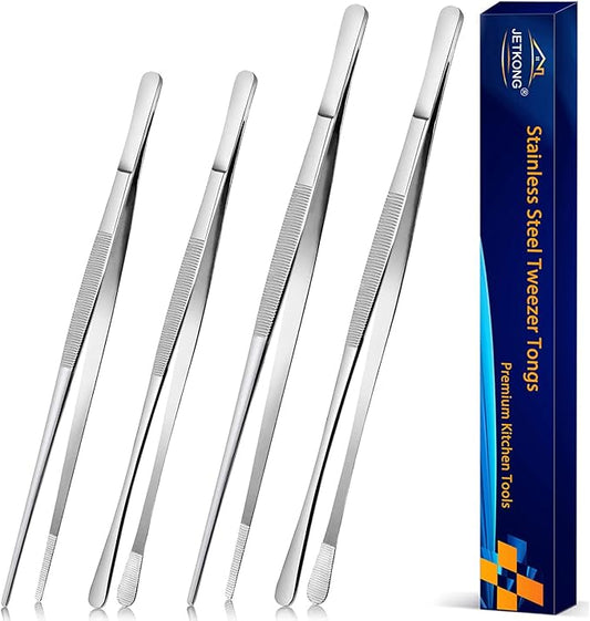 JETKONG 4 Pcs Kitchen Tweezers Tongs Stainless Steel Cooking Tweezers Set, Professional Kitchen Long Tweezer for Cooking, Repairing, and BBQ (10+12-Inch, Silver) by JETKONG