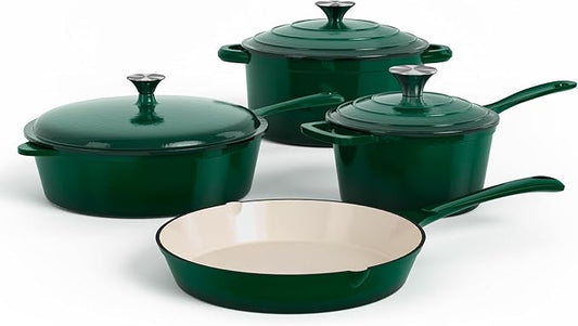 DishDelight Enameled Cast Iron Pots and Pans Set, 7 Piece Dutch Oven Set with Lids, Enamel Coated Non Toxic Cookware, PFOA&PFAS Free, Emerald