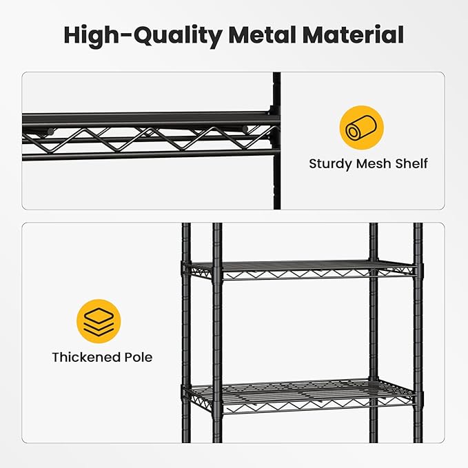 DUMOS 5-Tier Metal Wire Storage Shelves, Adjustable Standing Storage Rack Shelf with Wheels, Heavy Duty Steel Shelving Unit Organizers for Kitchen Bathroom Pantry Garage, 23.2"W×13.4"D×59.1"H, Black