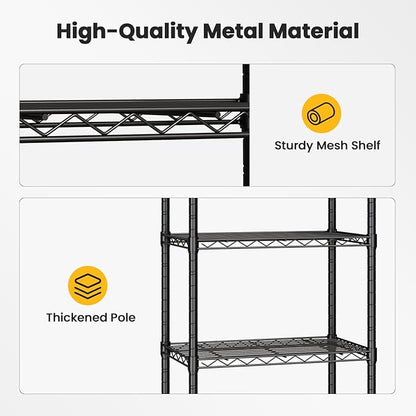 DUMOS 5-Tier Metal Wire Storage Shelves, Adjustable Standing Storage Rack Shelf with Wheels, Heavy Duty Steel Shelving Unit Organizers for Kitchen Bathroom Pantry Garage, 23.2"W×13.4"D×59.1"H, Black